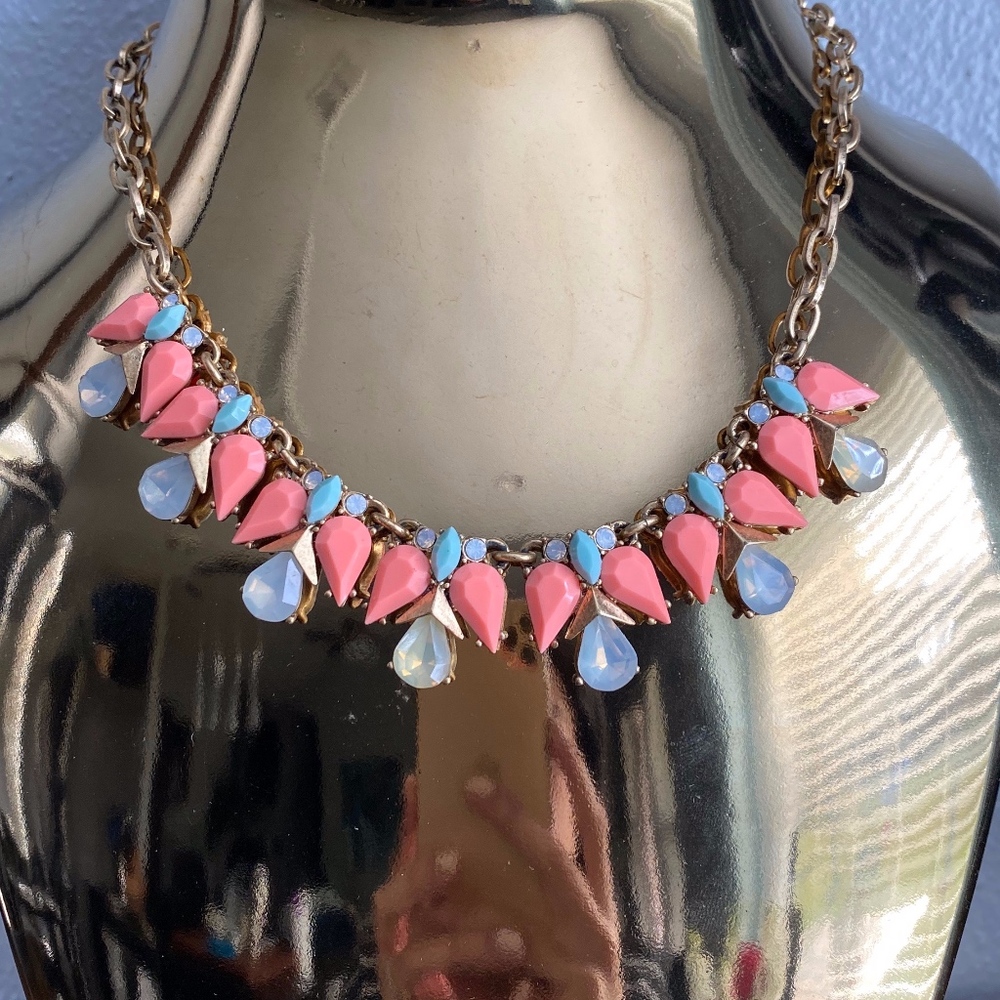 J Crew Pink Blue Gold Crystal Necklace